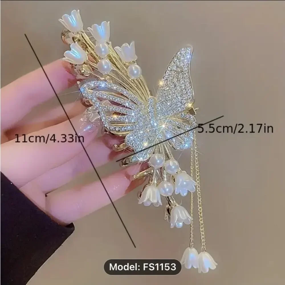 Gold Rhinestone Butterfly Hair Claw Tassel Flower Hair Accessory